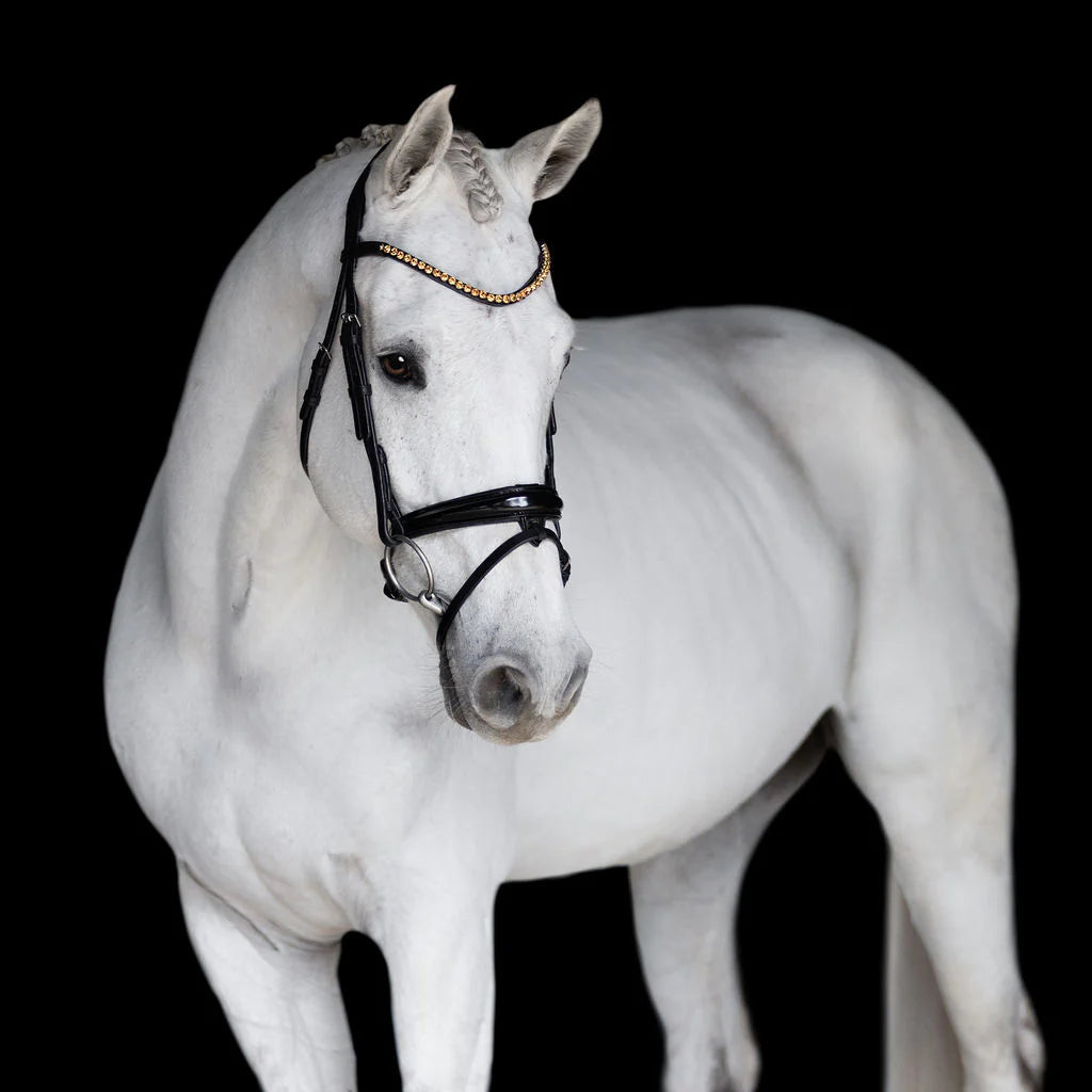 Margaux Bridle by Lumiere. Black patent with gold crystals