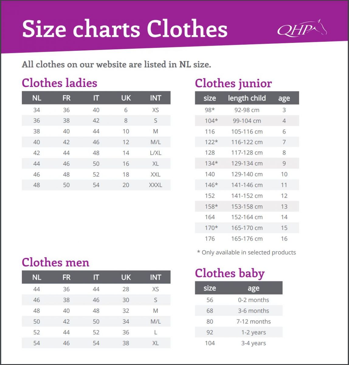 QHP Size Chart for Clothing