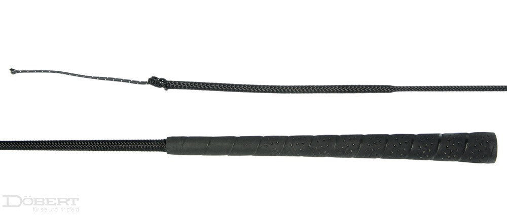 A black dressage whip with a soft adhesive grip and a woven cover, displayed partially unrolled. By Dobert