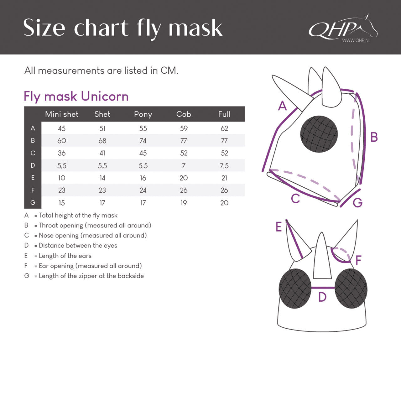 Super Bug Unicorn Fly Mask Size Chart