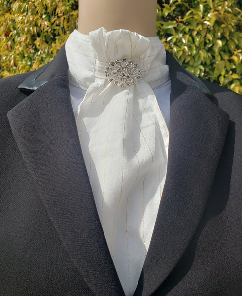 Ivory stock tie with gold pinstripes silver oval stockpin
